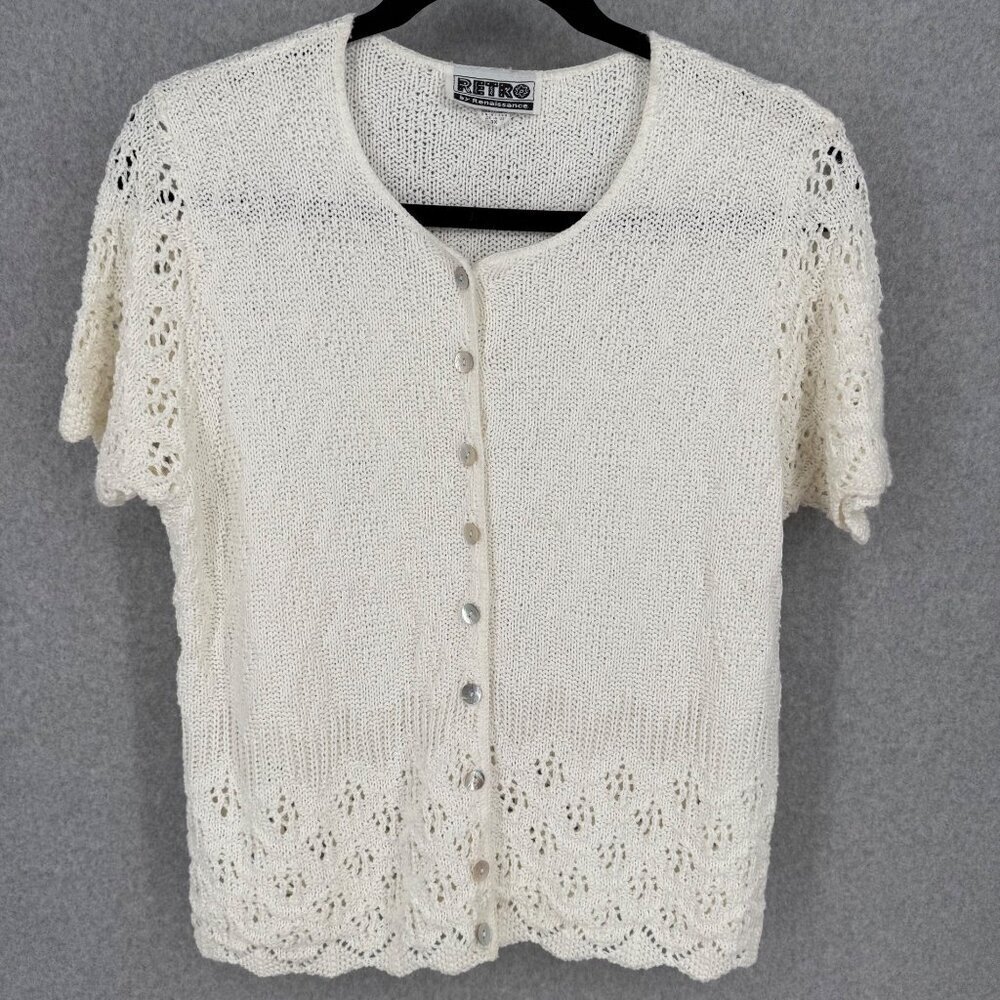 VTG Womens Knit Crochet Button Front Cardigan Sweater Size 3X White Cottage USA